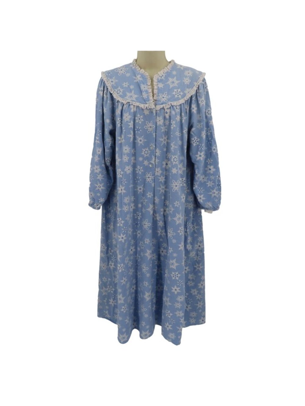 Lanz of Salzburg Womens Medium Flannel Nightgown Blue White Snowflakes Winter